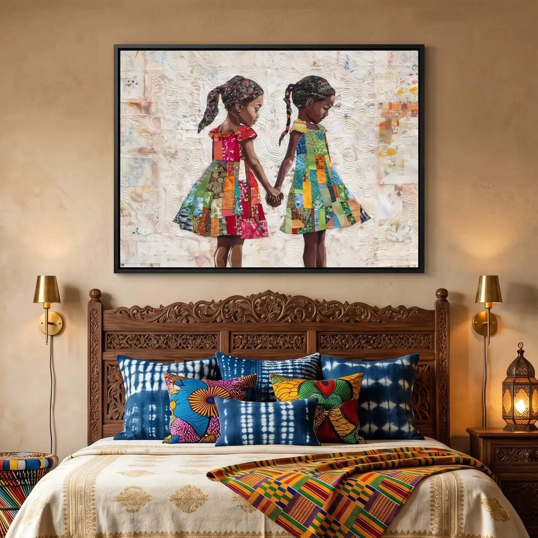 African American art for bedroom in boho Moroccan space with carved headboard and brass sconces, Black sister children. Digital mockup.