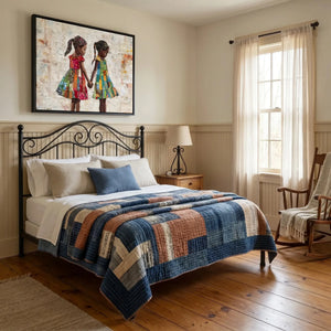 Black art for nursery walls in vintage farmhouse bedroom with iron bed and scrap quilt, Black girl sisters holding hands. Digital mockup.