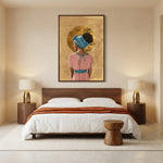 Melanin queen canvas in bedroom with minimal bedroom, walnut headboard, brass lamps, rust throw. Digital mockup.