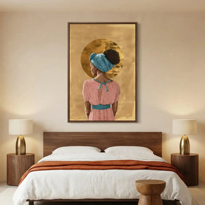 African American art for bedroom in modern style with walnut platform bed, Black woman with gold halo crown, oil painting. Digital mockup.