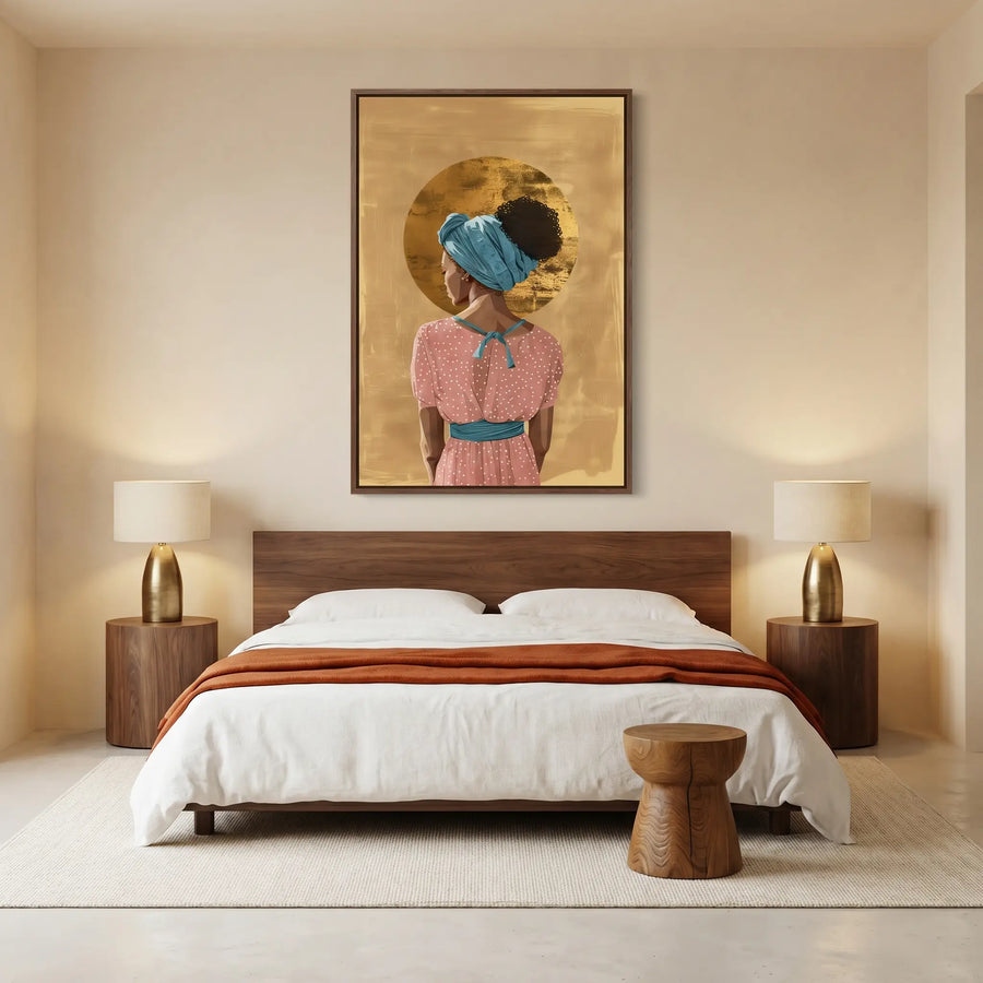 Melanin queen canvas in bedroom with minimal bedroom, walnut headboard, brass lamps, rust throw. Digital mockup.
