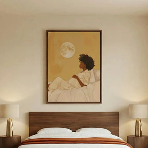 African American art for bedroom in modern style with walnut platform bed, watercolor pregnant Black woman portrait. Digital mockup.
