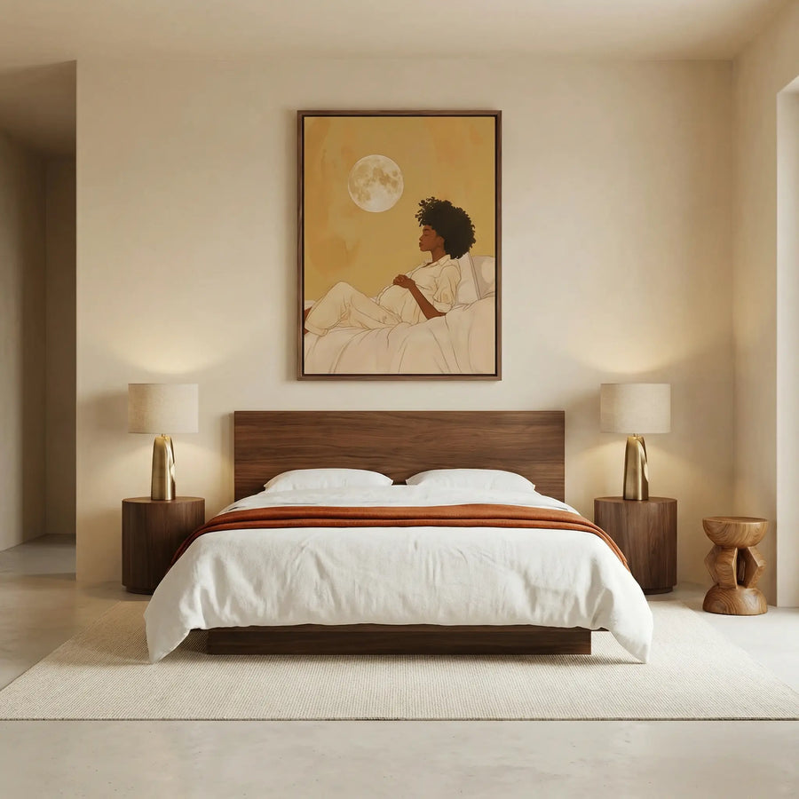 Boho Black girl wall art in bedroom with Minimalist luxury bedroom with walnut platform bed, cream walls, sculptural. Digital mockup.