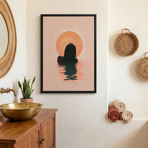 African American bathroom art canvas in Mediterranean bathroom with rattan mirror and brass sink, Black woman sunrise. Digital mockup.