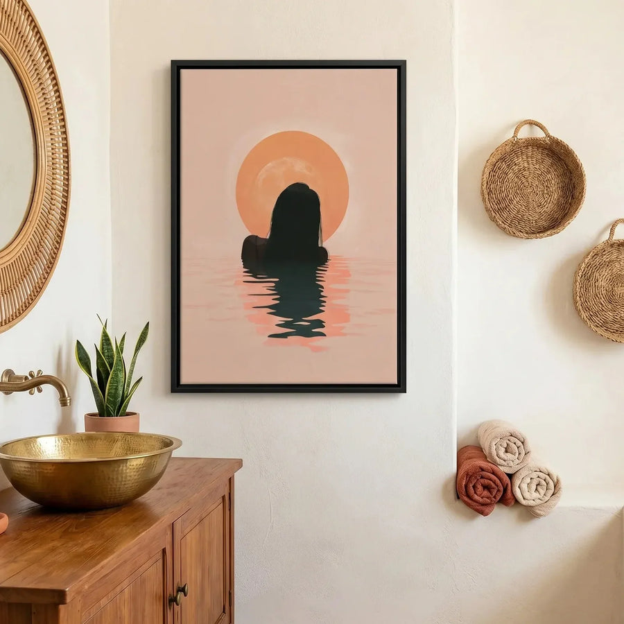 African American bathroom art canvas in Mediterranean bathroom with rattan mirror and brass sink, Black woman sunrise. Digital mockup.