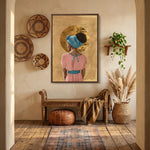 African American art with gold accents in hallway with rustic entry, woven baskets, carved bench, leather pouf, pampas grass. Digital mockup.