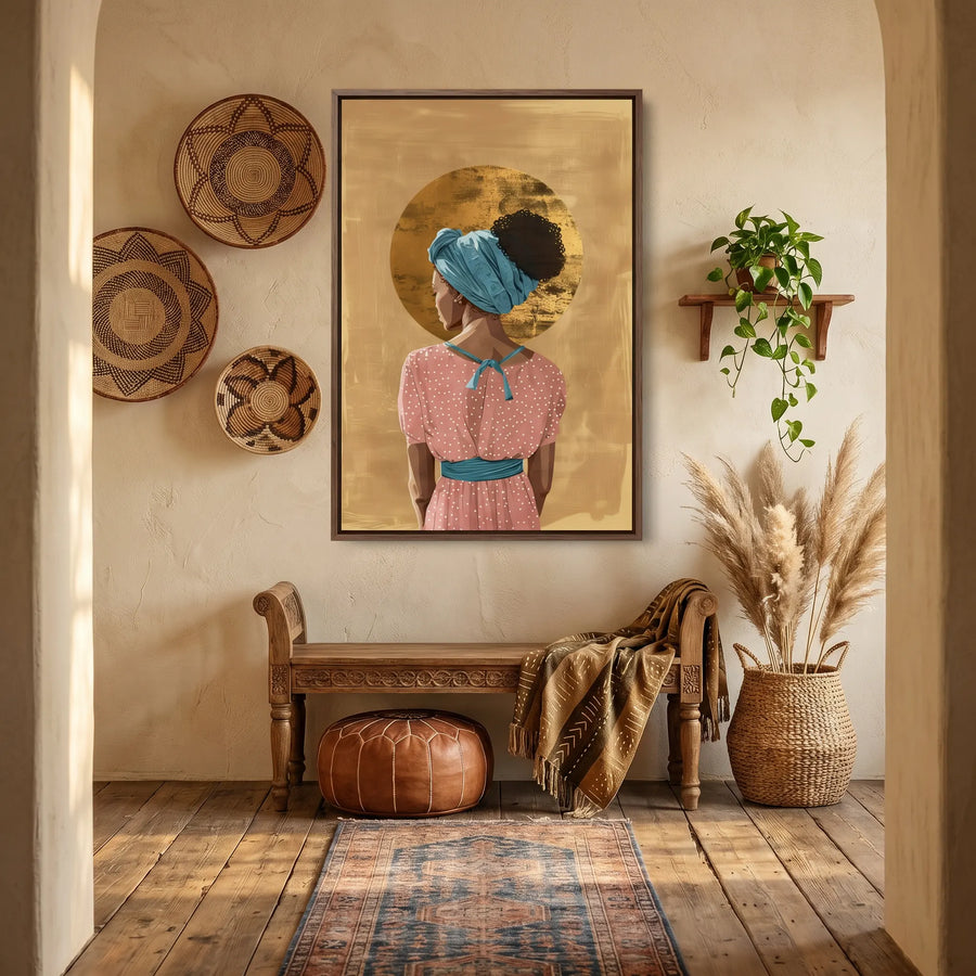 African American art with gold accents in hallway with rustic entry, woven baskets, carved bench, leather pouf, pampas grass. Digital mockup.
