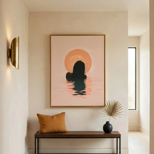 Modern Black art for apartment in minimalist hallway with brass sconce and walnut bench, Black woman sunrise art. Digital mockup.