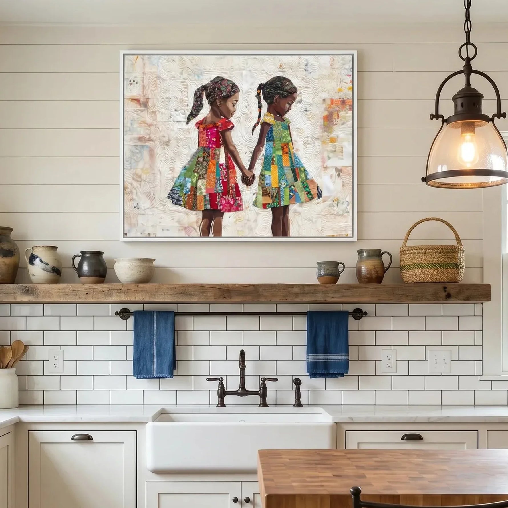 Black farmhouse wall decor in farmhouse kitchen with shiplap and apron sink, Black girl children holding hands quilt art. Digital mockup.