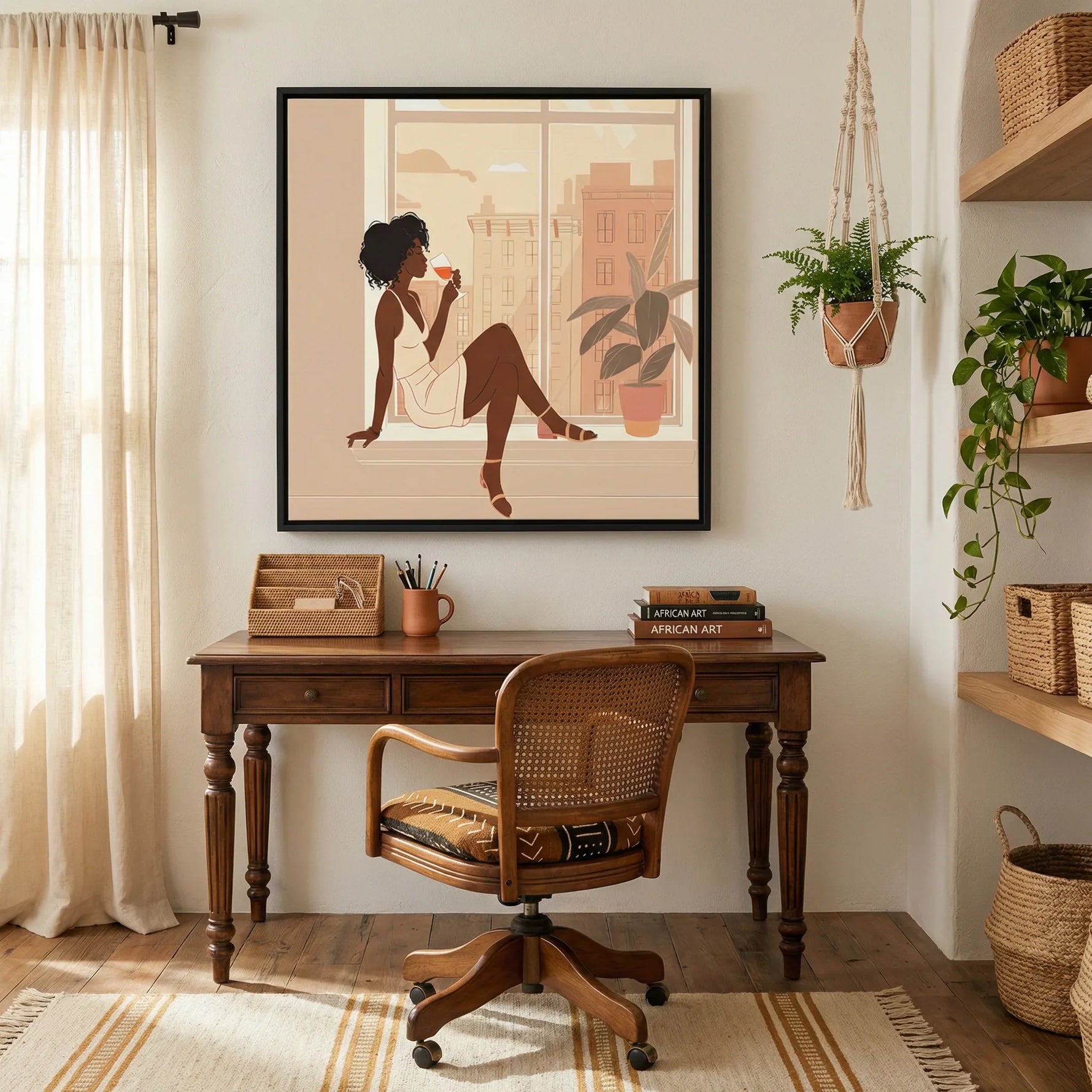 Afrohemian home decor wall art in home office with Warm boho home office with antique wood desk, rattan chair, macrame plant. Digital mockup.