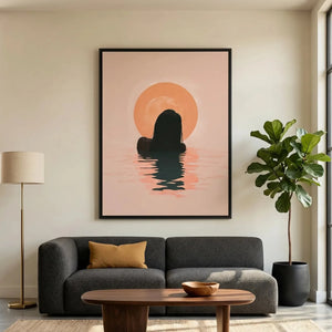 Modern Black art for apartment in minimalist living room with gray boucle sofa and fiddle leaf, Black woman sunrise art. Digital mockup.