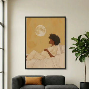 Modern African American art in minimalist living room with gray boucle sofa and fiddle leaf fig, pregnant Black woman. Digital mockup.