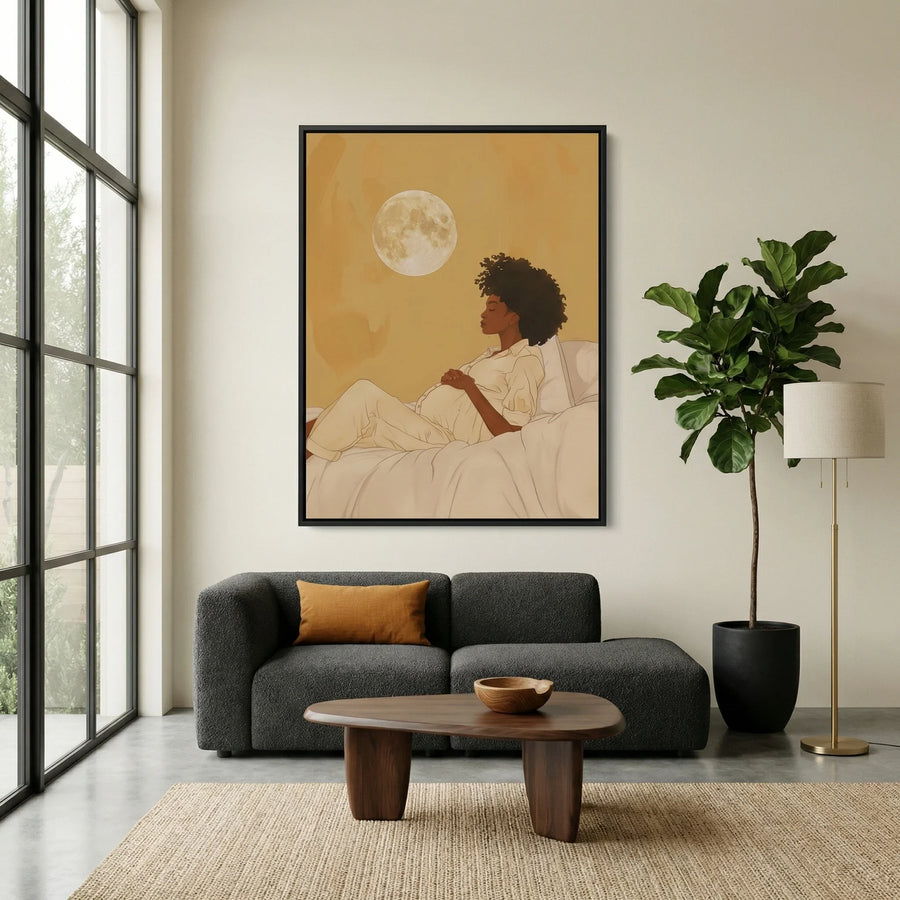 Afrohemian home decor wall art in living room with Modern living room with boucle sofa and fiddle leaf fig, Afrocentric wall. Digital mockup.