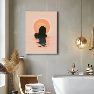 African American bathroom art canvas in modern minimalist bathroom with freestanding tub, Black woman sunrise art. Digital mockup.