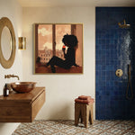 Afrohemian home decor wall art in bathroom with spa bathroom, copper vessel sink, navy zellige tile shower, brass fixtures. Digital mockup.