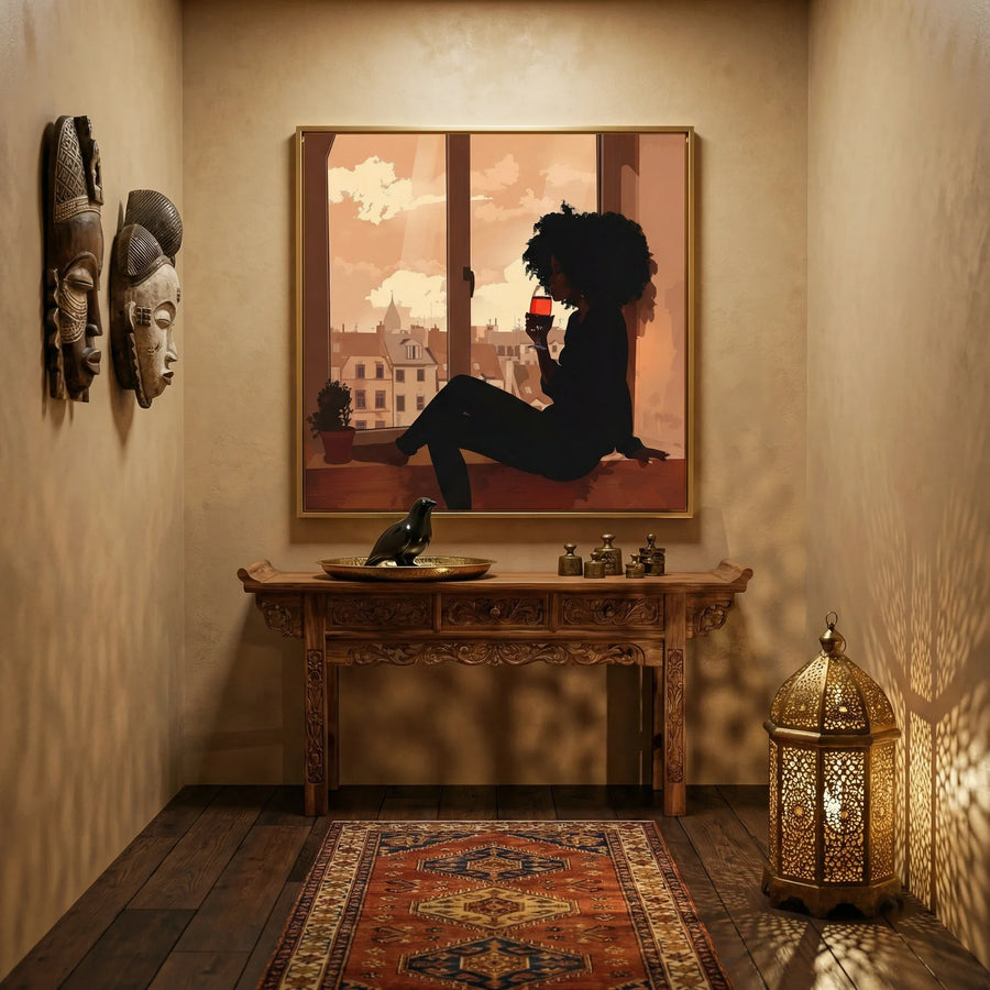 Afro boho in hallway with Moody entryway with carved console, lantern, and African masks, Large African. Digital mockup.