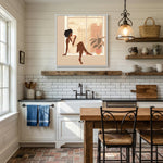 Afro boho in kitchen with Bright farmhouse kitchen with subway tile, woman sitting at window illustration. Digital mockup.