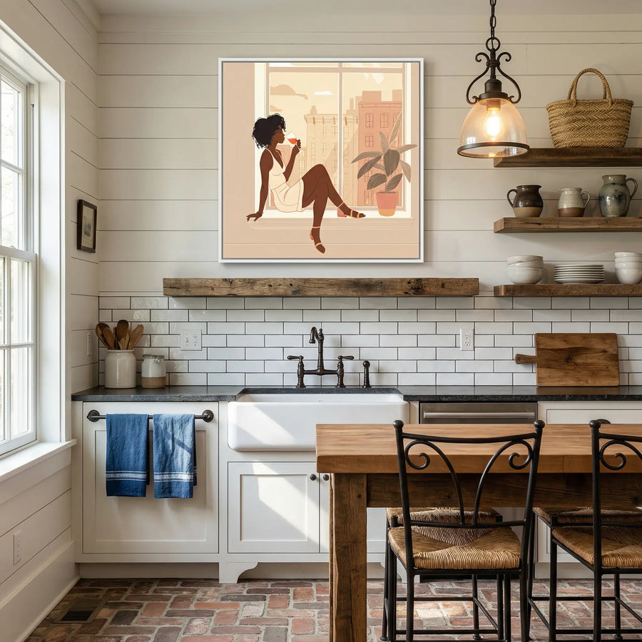 Afro boho in kitchen with Bright farmhouse kitchen with subway tile, woman sitting at window illustration. Digital mockup.