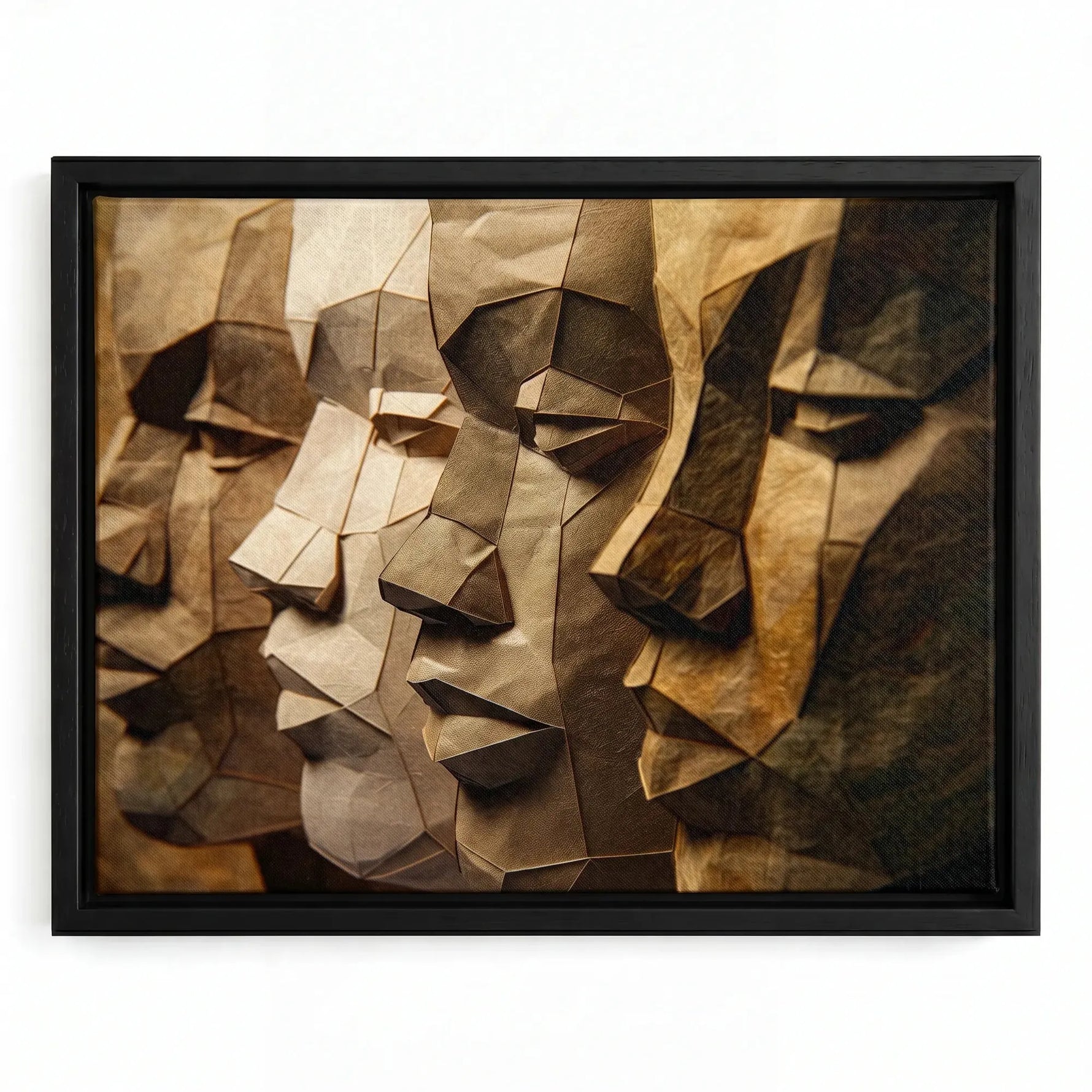Black men unity art in black floating frame, faceted paper-craft sculpture of four Black men profiles in sepia tones. Digital mockup.