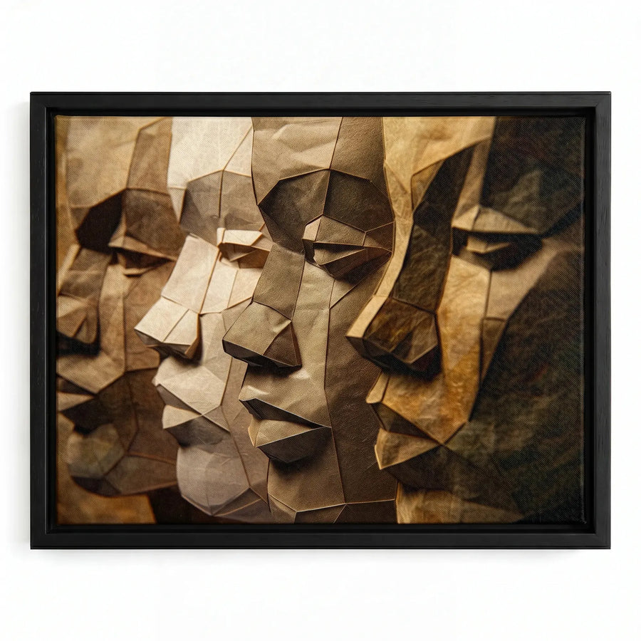 Black men unity art in black floating frame, faceted paper-craft sculpture of four Black men profiles in sepia tones. Digital mockup.