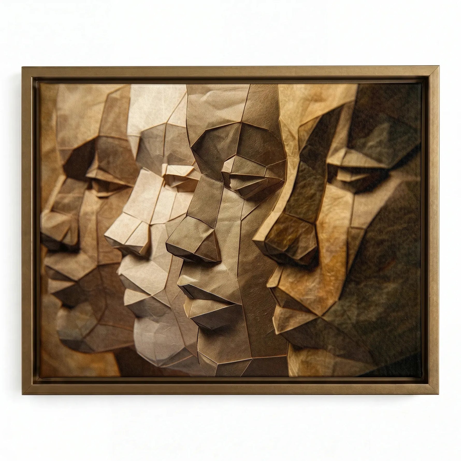 Black men unity art in gold floating frame, faceted craft paper sculpture of Black men profiles brotherhood theme. Digital mockup.