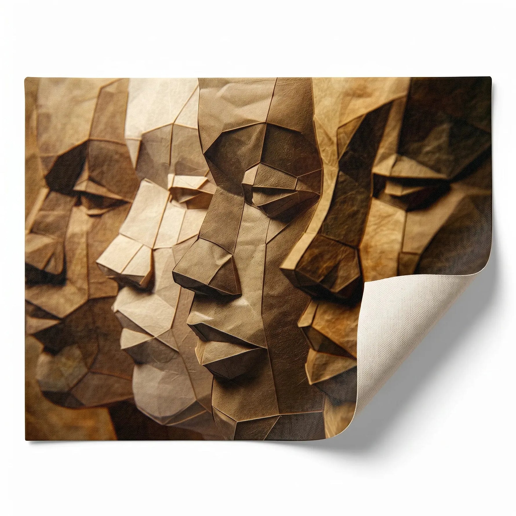 Black men unity art rolled canvas print ready for custom framing, paper-craft sculpture of four Black men profiles. Digital mockup.