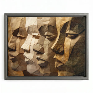 Black men unity art in silver floating frame, modern paper-craft sculpture of four Black men profiles in sepia, oil painting. Digital mockup.