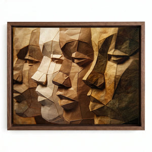 Black men unity art in walnut floating frame, origami-style paper sculpture of four Black men profiles, oil painting. Digital mockup.
