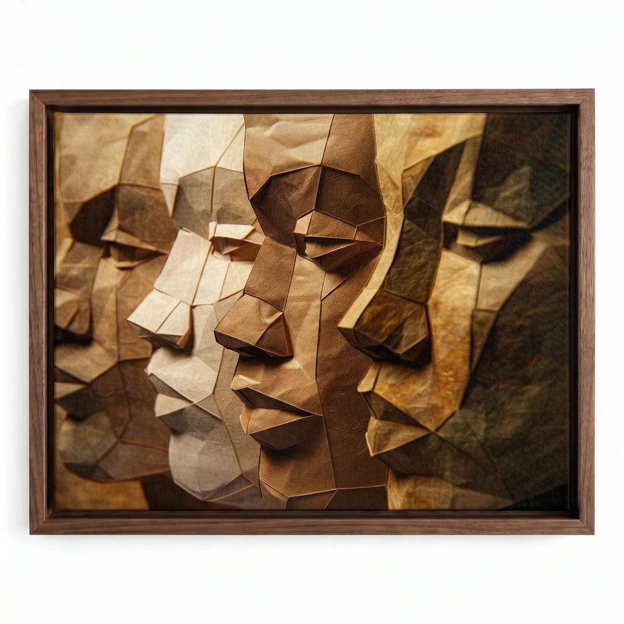 Black men unity art in walnut floating frame, origami-style paper sculpture of four Black men profiles, oil painting. Digital mockup.