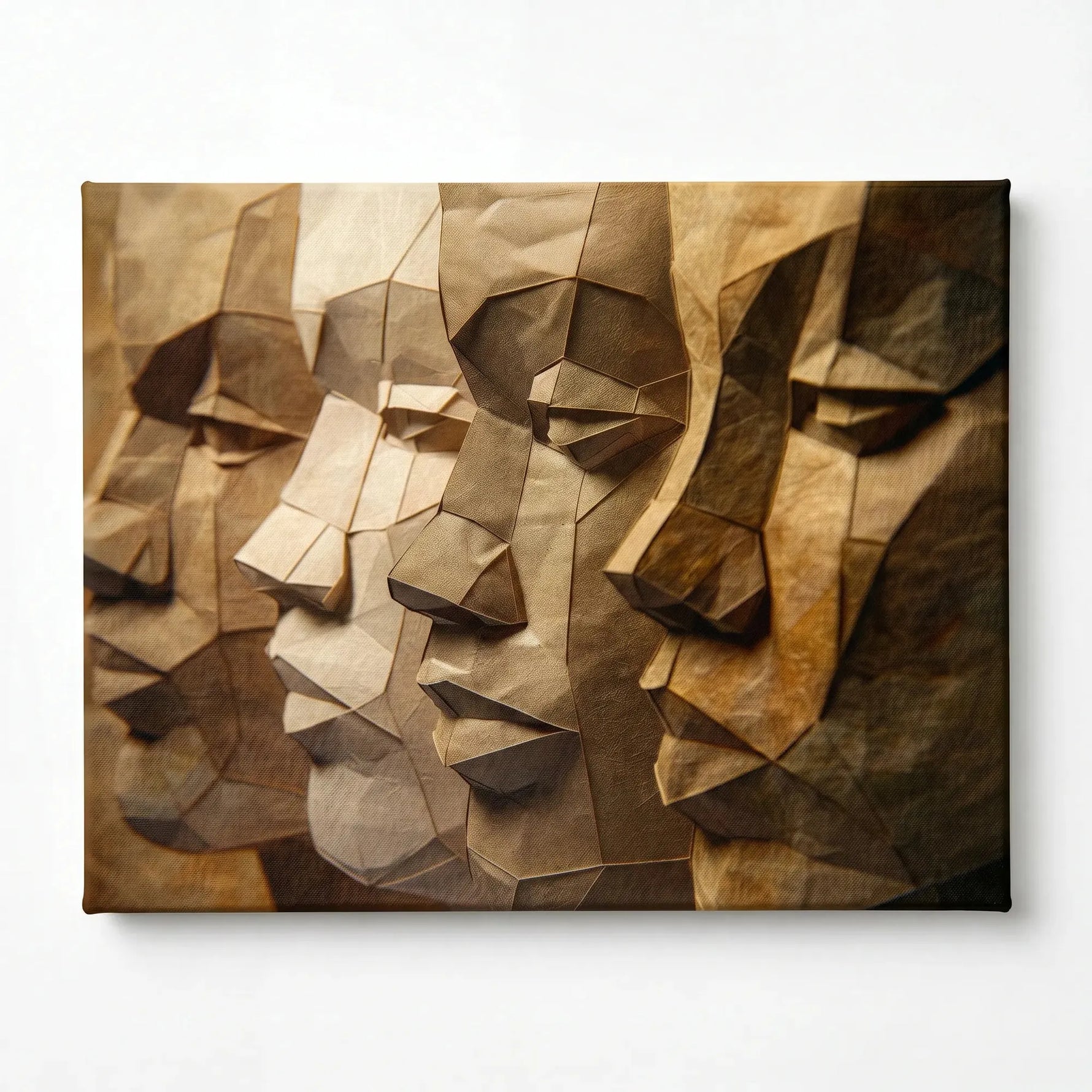 Black men unity art stretched canvas, ready to hang. Faceted paper-craft sculpture of four Black men profiles, oil painting. Digital mockup.