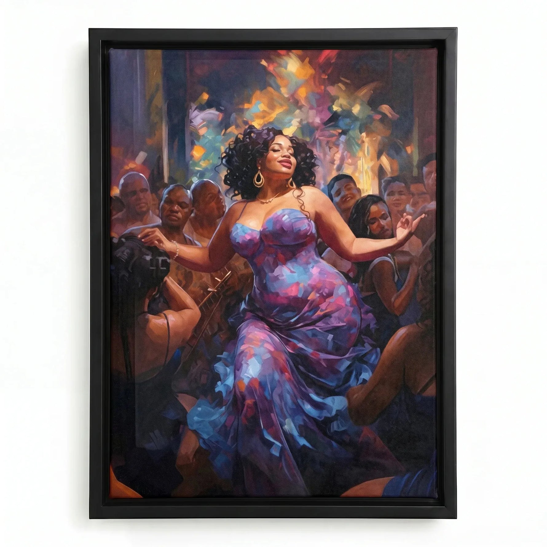 African American dance wall art in black floating frame, painterly curvy Black woman dancing in purple dress at party. Digital mockup.