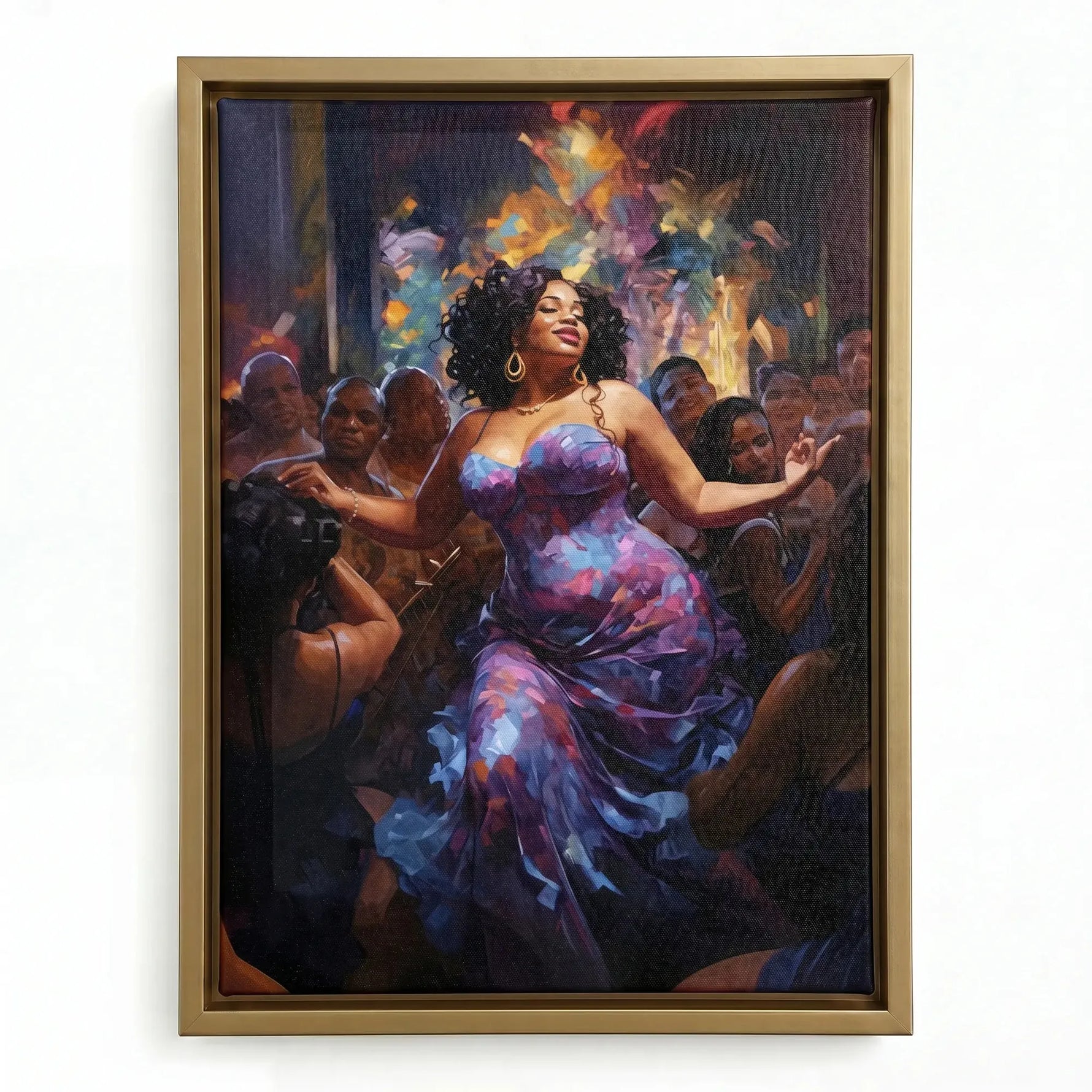 African American dance wall art in gold floating frame, painterly curvy Black woman in purple dress dancing at party. Digital mockup.