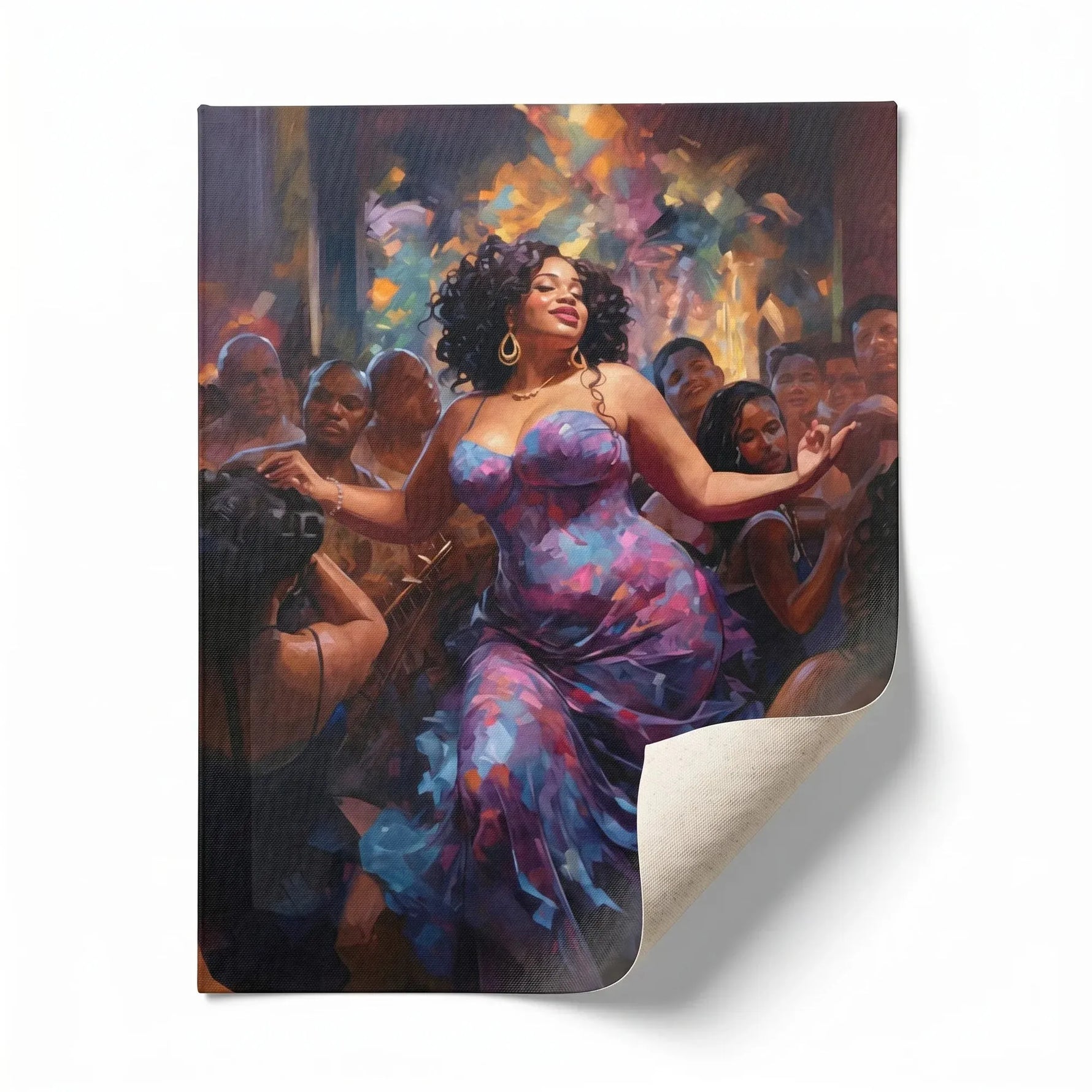 African American dance wall art rolled canvas print ready for custom framing, curvy Black woman dancing in purple. Digital mockup.