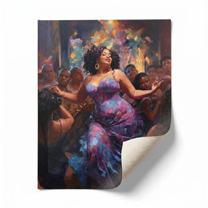 African American dance wall art rolled canvas print ready for custom framing, curvy Black woman dancing in purple. Digital mockup.