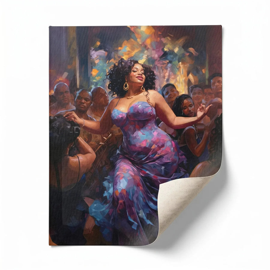 African American dance wall art rolled canvas print ready for custom framing, curvy Black woman dancing in purple. Digital mockup.