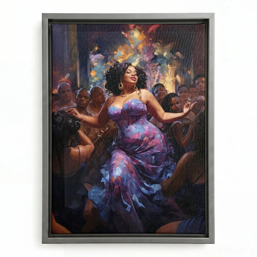 African American dance wall art in silver floating frame, modern curvy Black woman dancing in purple dress at party. Digital mockup.