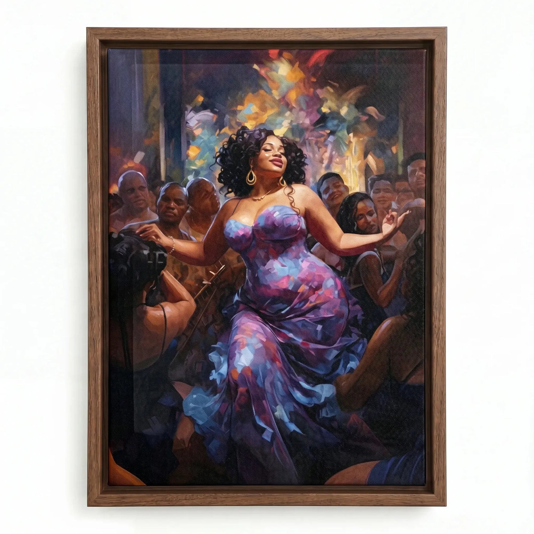 African American dance wall art in walnut floating frame, joyful curvy Black woman dancing on crowded dance floor. Digital mockup.