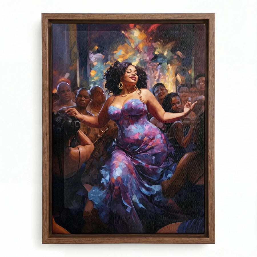 African American dance wall art in walnut floating frame, joyful curvy Black woman dancing on crowded dance floor. Digital mockup.