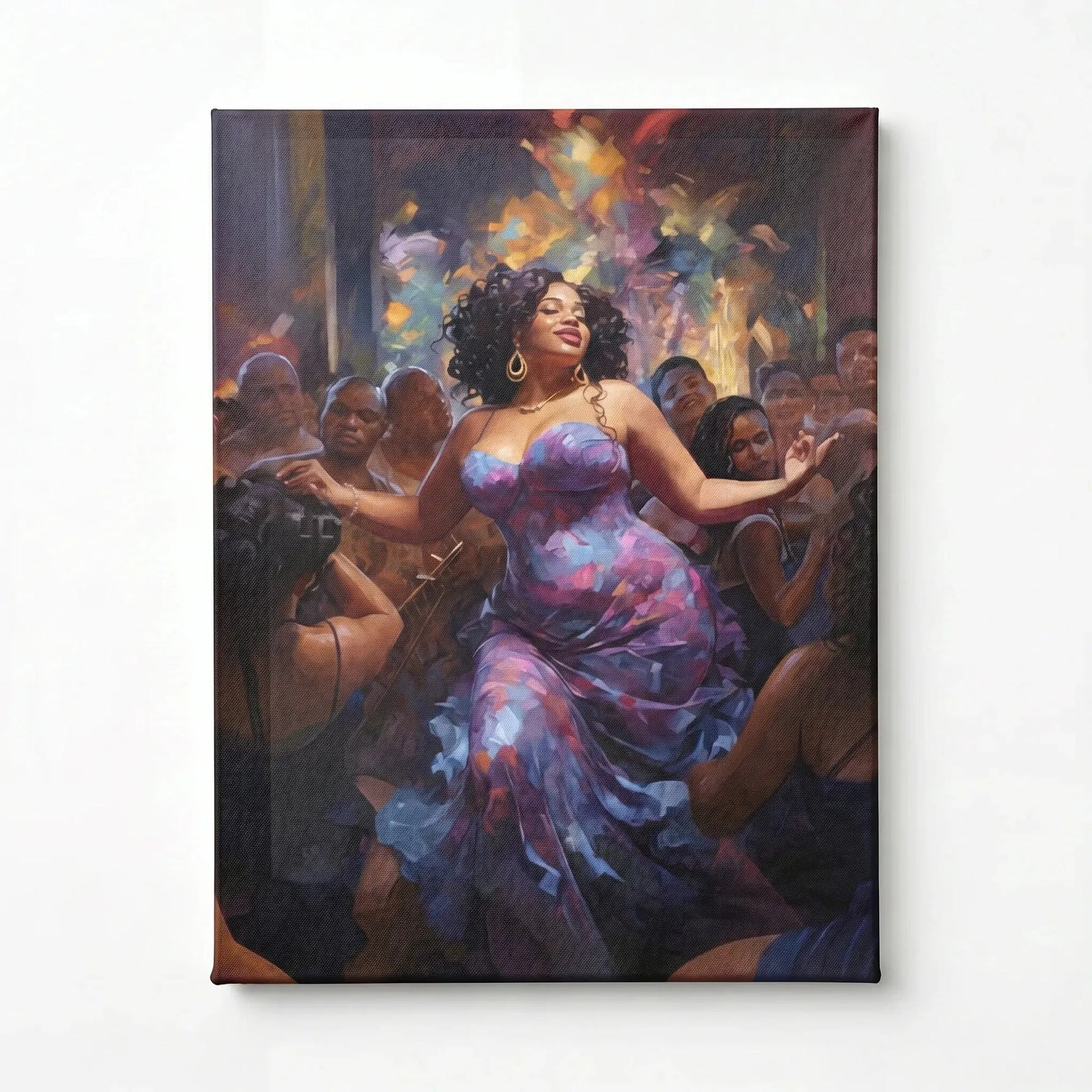 African American dance wall art stretched canvas, ready to hang. Curvy Black woman dancing in purple dress at party. Digital mockup.