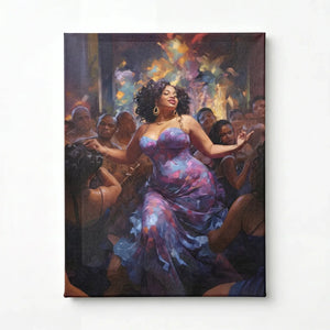 African American dance wall art stretched canvas, ready to hang. Curvy Black woman dancing in purple dress at party. Digital mockup.