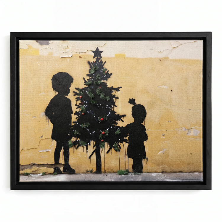 Christmas Morning canvas in black floating frame, Modern Black art. Digital mockup.