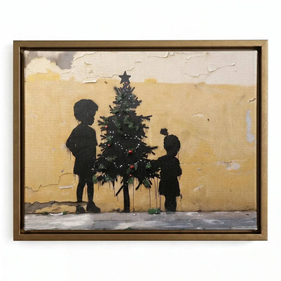 Black kids room decor in gold floating frame, street-art Black children with Christmas tree on yellow plaster. Digital mockup.