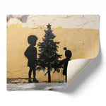 Black kids room decor rolled canvas print ready for custom framing, street-art Black children with Christmas tree. Digital mockup.