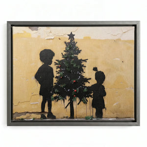 Black kids room decor in silver floating frame, modern street-art Black children with Christmas tree. Digital mockup.