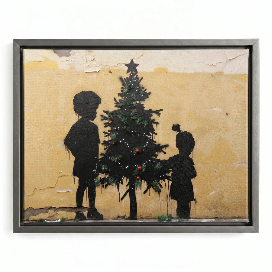 Black kids room decor in silver floating frame, modern street-art Black children with Christmas tree. Digital mockup.