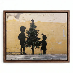 Black kids room decor in walnut floating frame, two Black children silhouettes with Christmas tree, street art, stencil. Digital mockup.