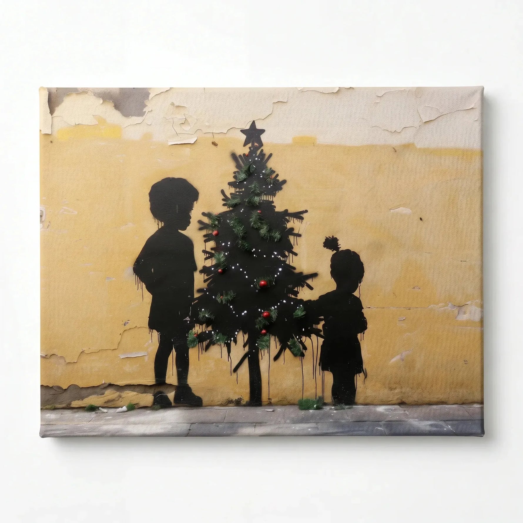 Black kids room decor stretched canvas, ready to hang. Street-art Black children admiring Christmas tree. Digital mockup.