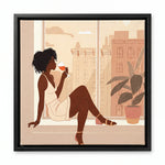 City Sip canvas in black floating frame, Afrocentric kitchen wall art. Digital mockup.