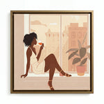 City Sip canvas in gold floating frame, Afrocentric kitchen wall art. Digital mockup.