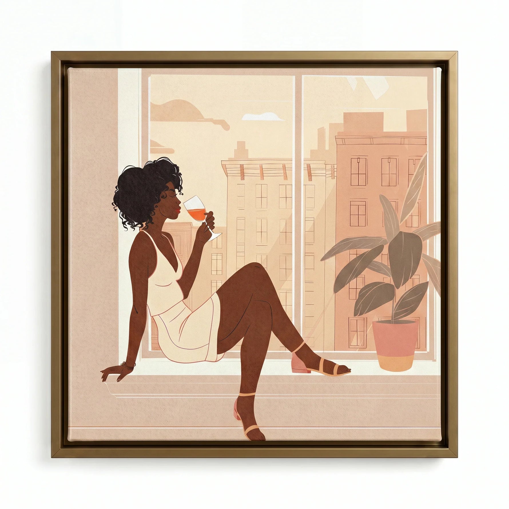 City Sip canvas in gold floating frame, Afrocentric kitchen wall art. Digital mockup.